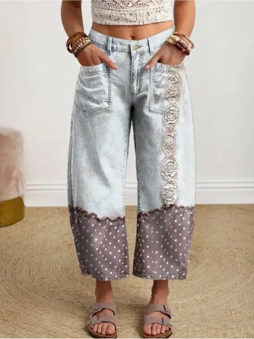 JUST ARRIVED Light Blue Cropped Wide-Leg Jeans with Polka Dot Hem